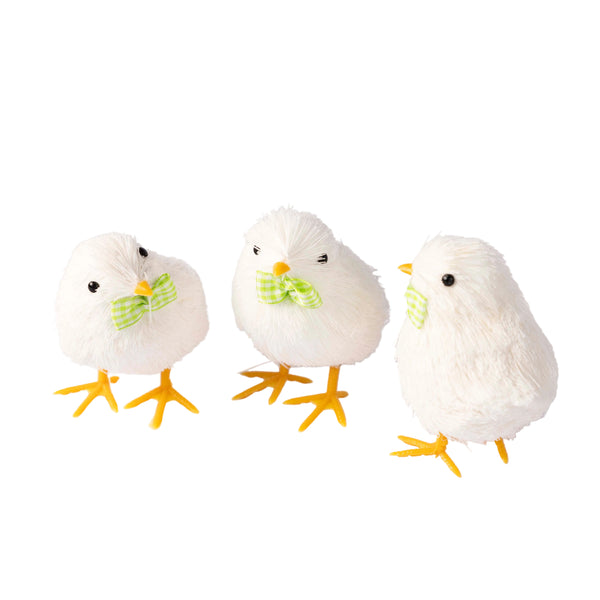 White Bristle Chicks with Green Bow - Set of Three