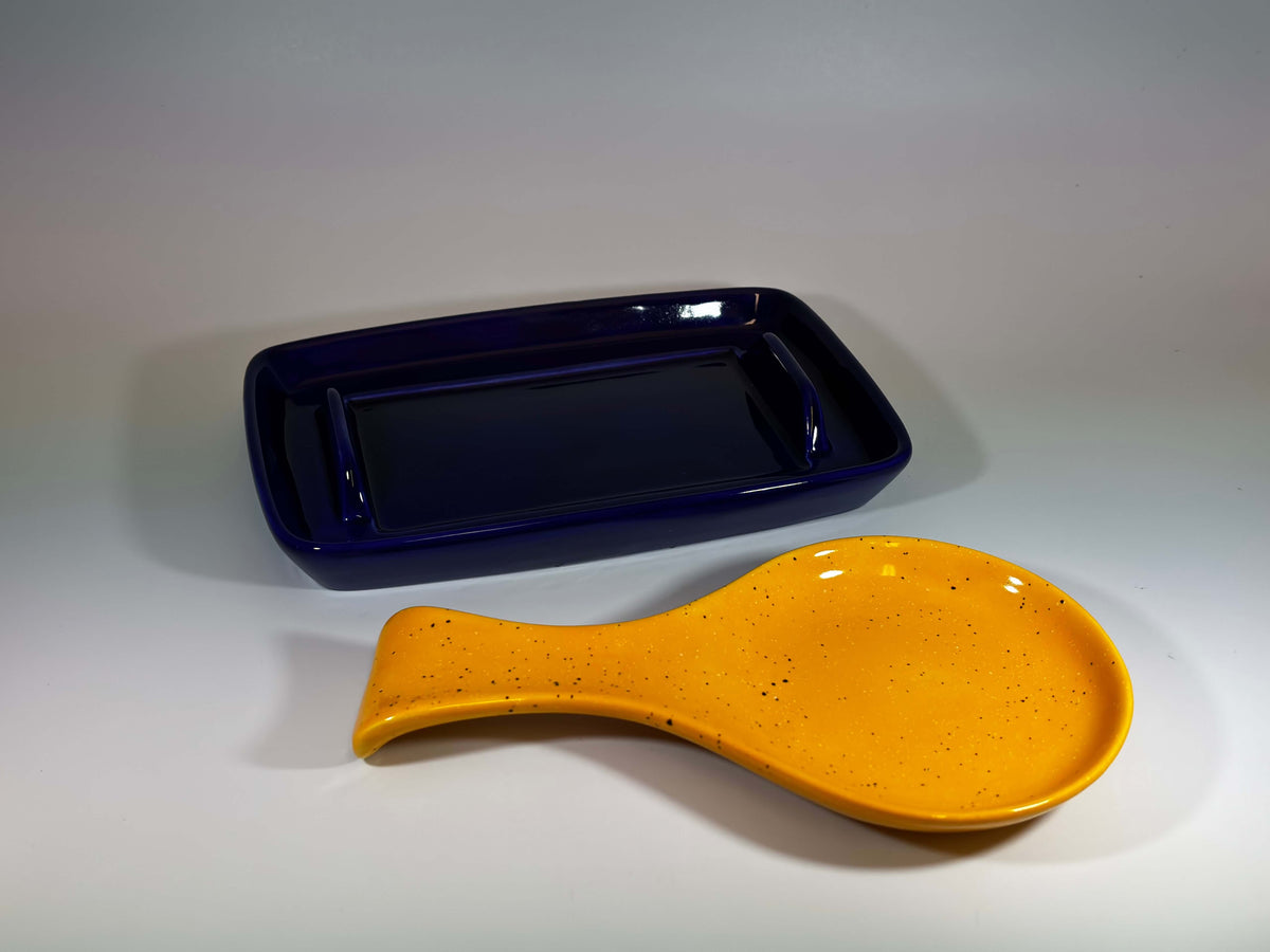 blue butter dish and spoon rest set