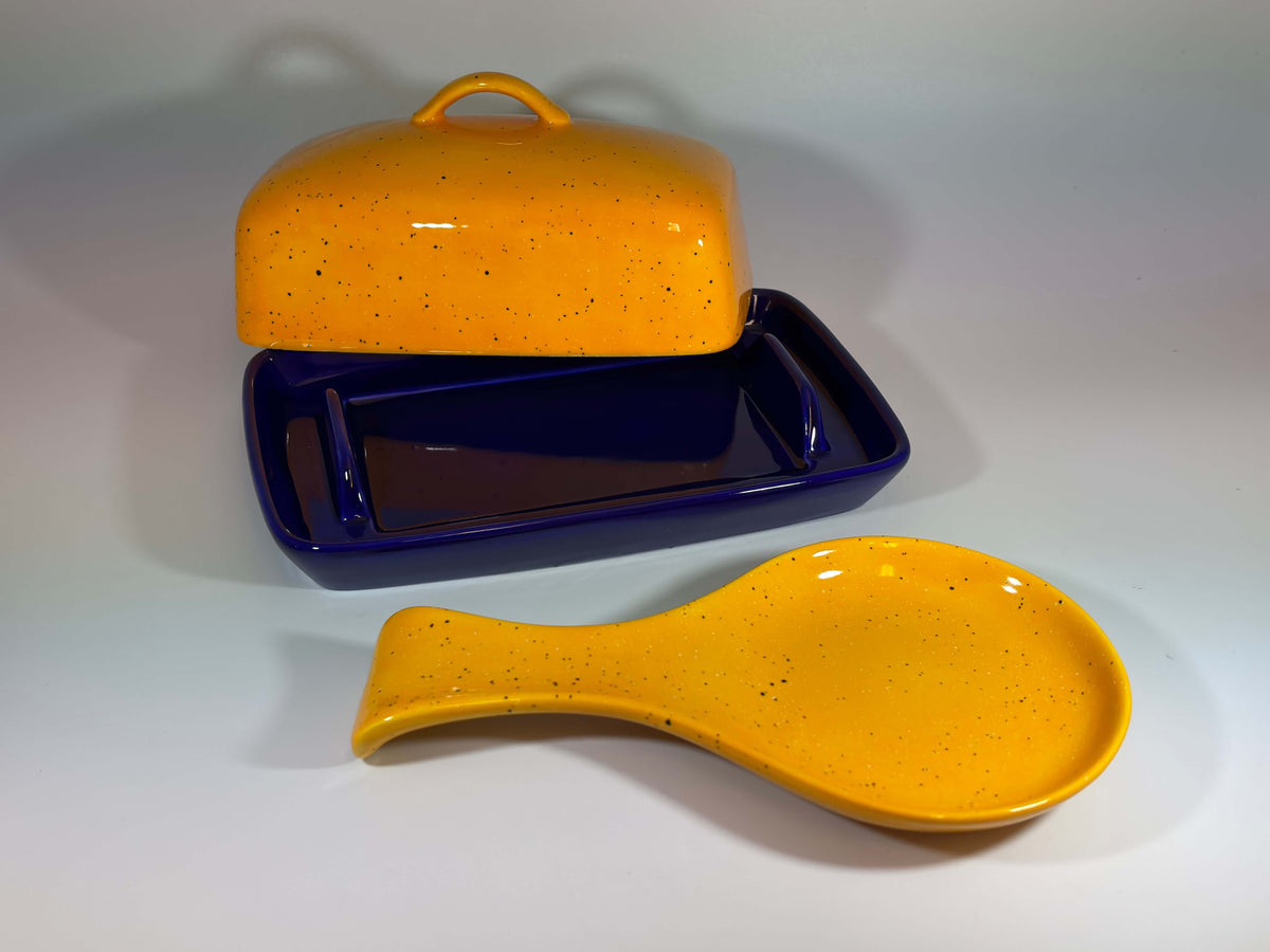 blue butter dish and spoon rest set