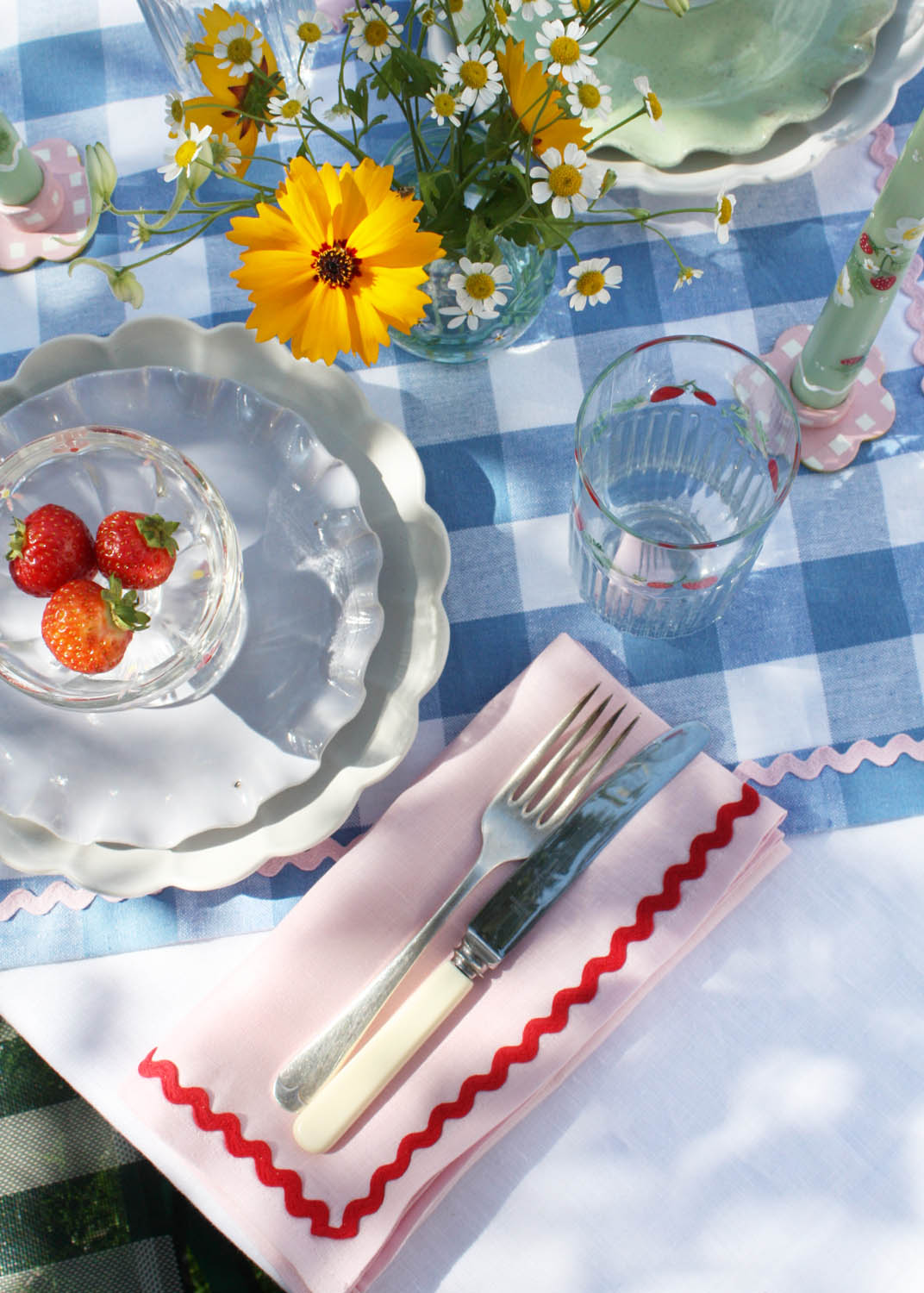 Linen Pink & Red Ric-rac Napkin Set Of 2