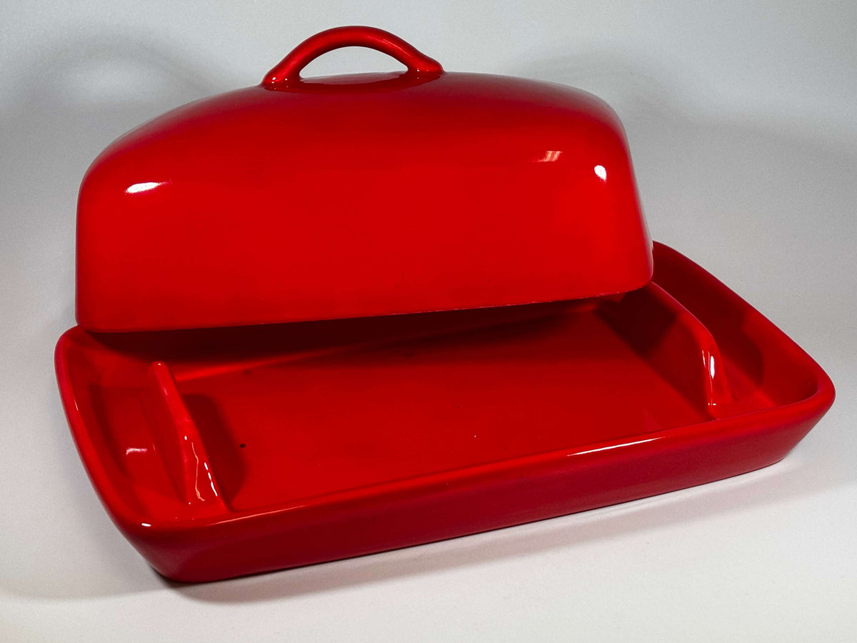 stoneware butter dish in red glaze