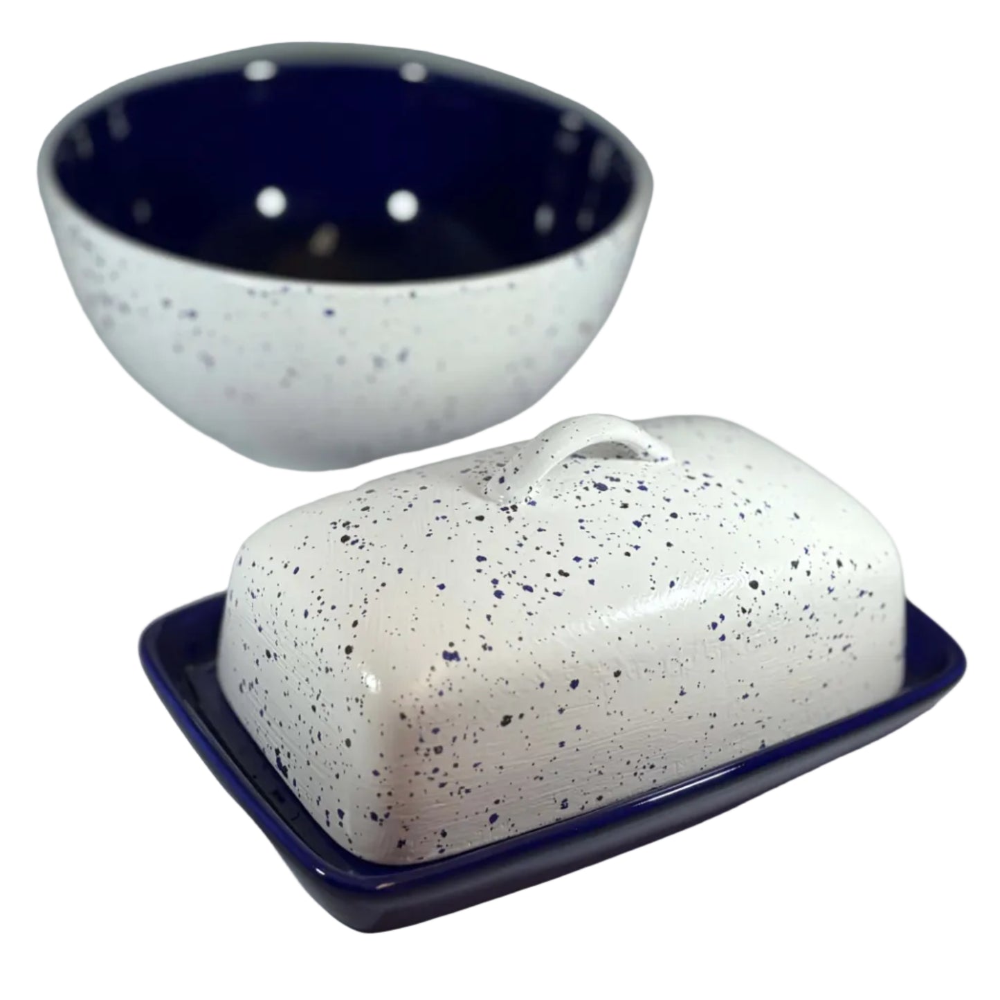 Fruit Bowl and Butter Dish Set - Royal Blue Speckle Glaze