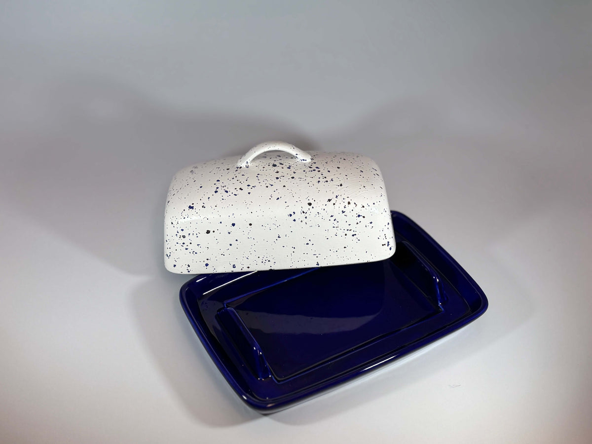 Fruit Bowl and Butter Dish Set - Royal Blue Speckle Glaze