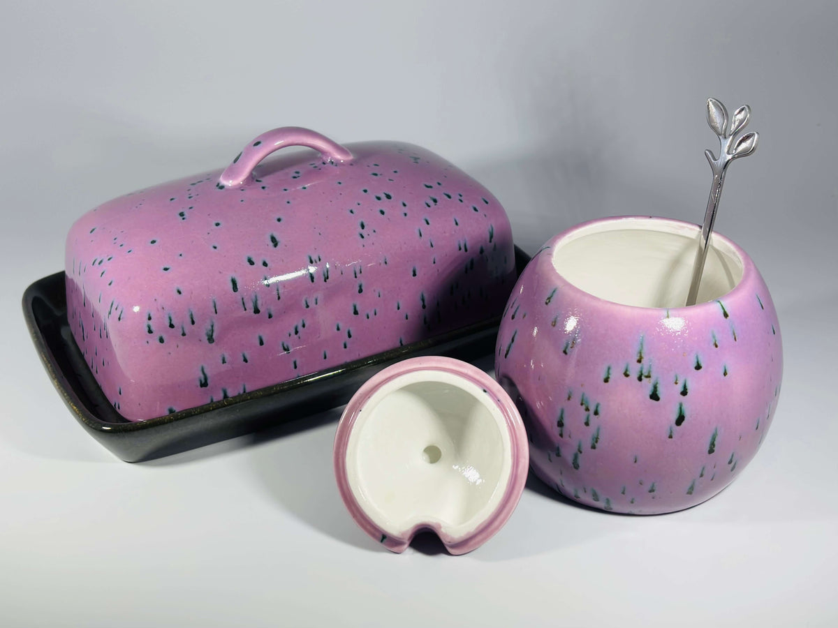 butter dish and sugar bowl set - speckled purple