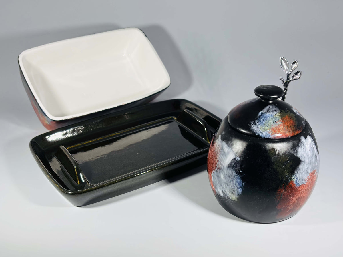 butter dish and sugar bowl set - abstract glaze