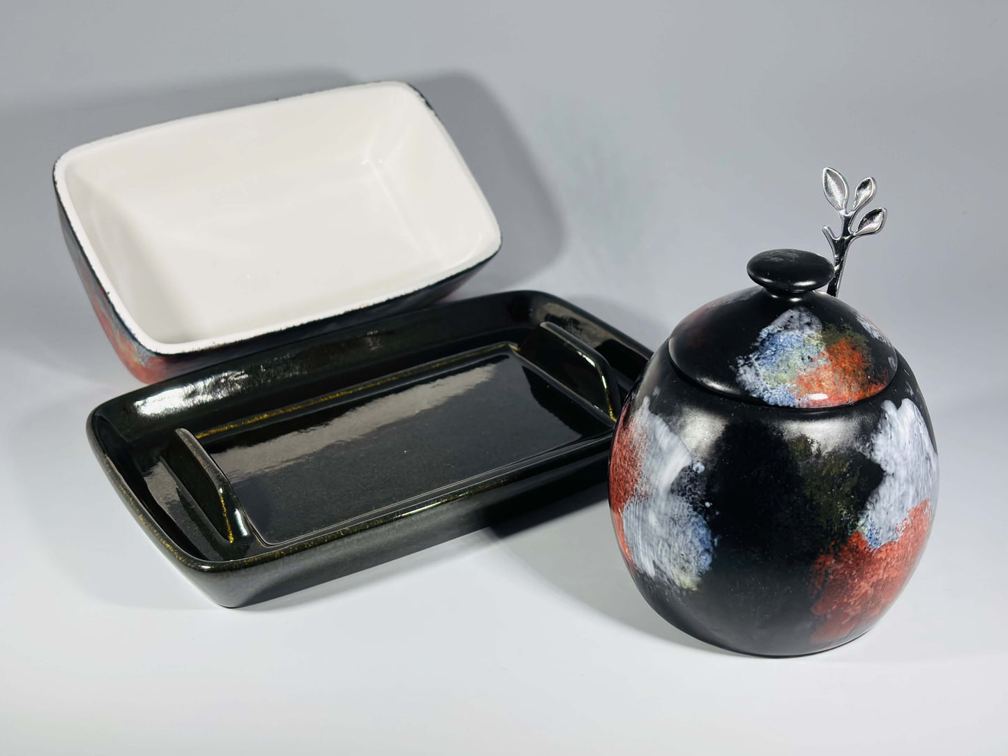 butter dish and sugar bowl set - abstract glaze