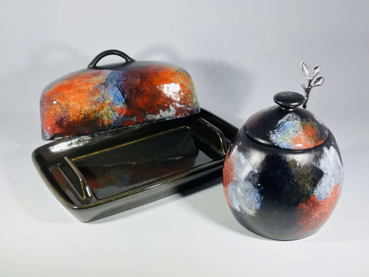 butter dish and sugar bowl set - abstract glaze