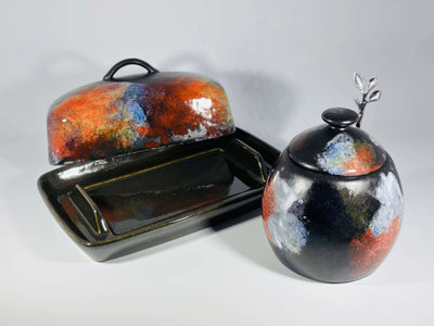 butter dish and sugar bowl set - abstract glaze