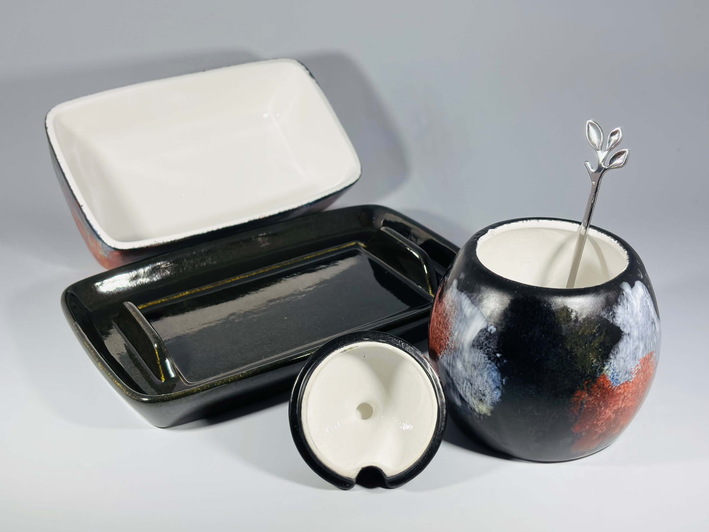 butter dish and sugar bowl set - abstract glaze