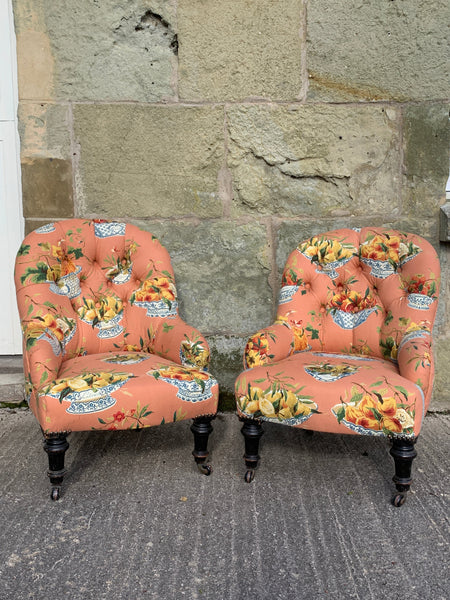 HANS & GRETEL - A Pair Of Antique Button Back Armchairs In Vintage Colefax & Fowler Fabric