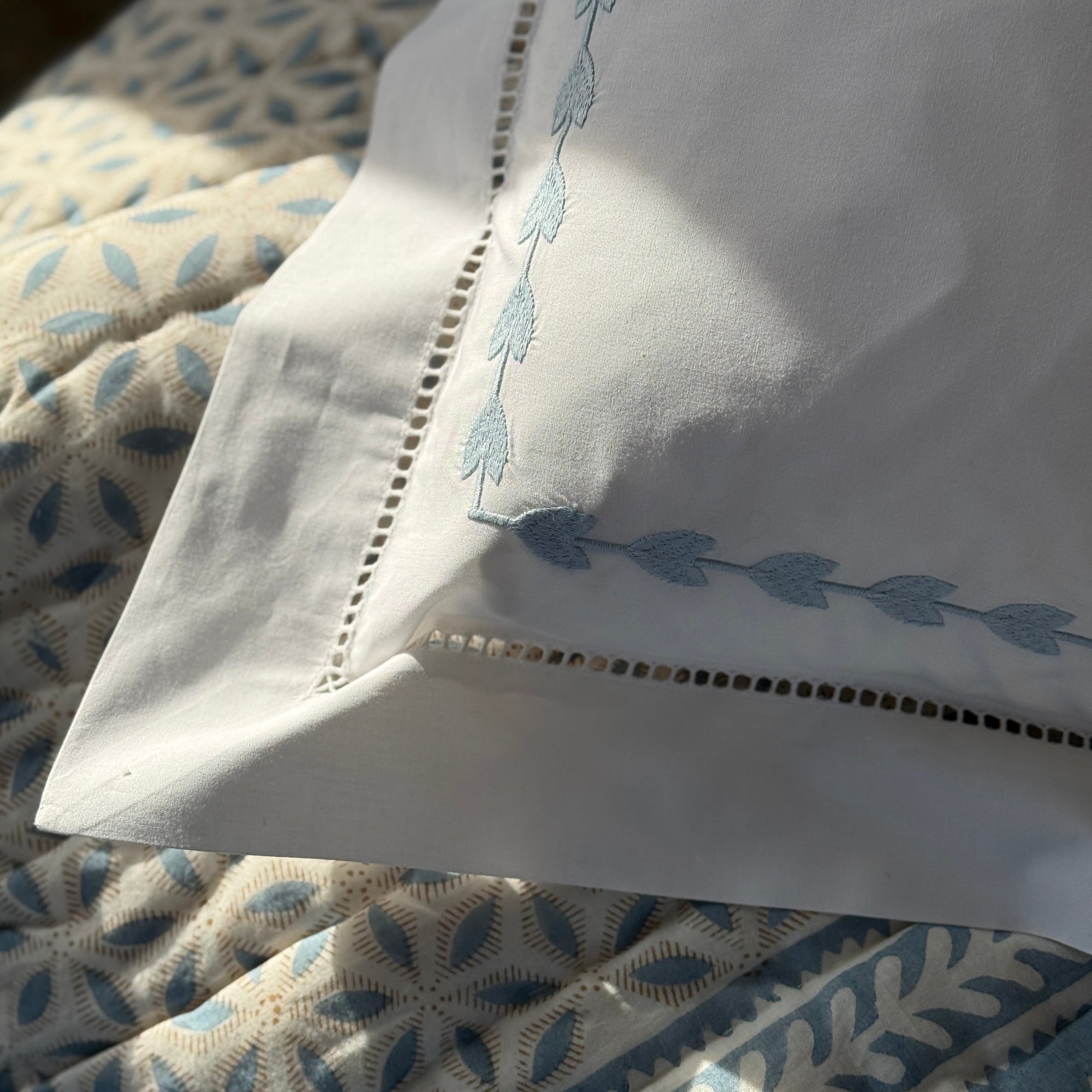 Blue Leaf Embroidered Pillowcase