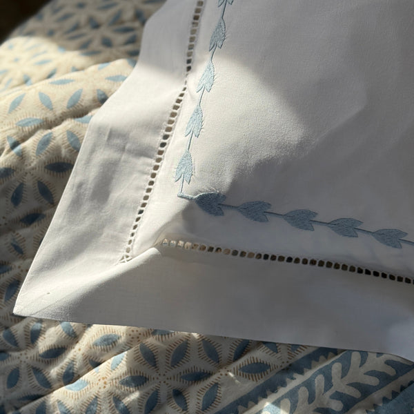 Blue Leaf Embroidered Pillowcase