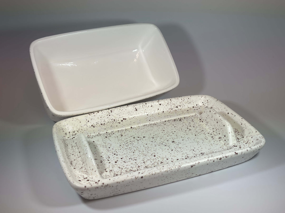 stoneware speckled white butter dish