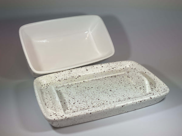 stoneware speckled white butter dish