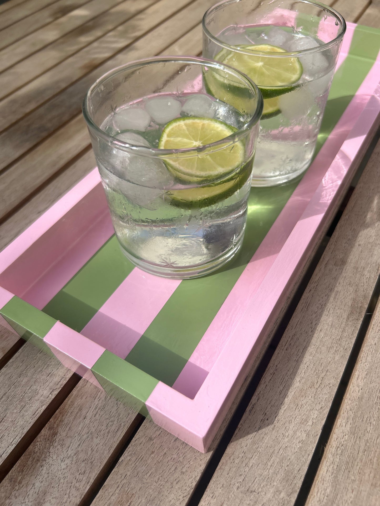 Hand-painted Striped Wooden Serving Tray | Lacquer Drinks Tray 40cm — Pink & Green