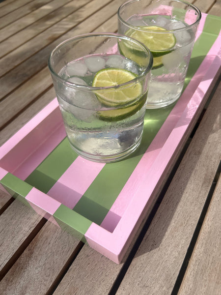 Hand-painted Striped Wooden Serving Tray | Lacquer Drinks Tray 40cm — Pink & Green