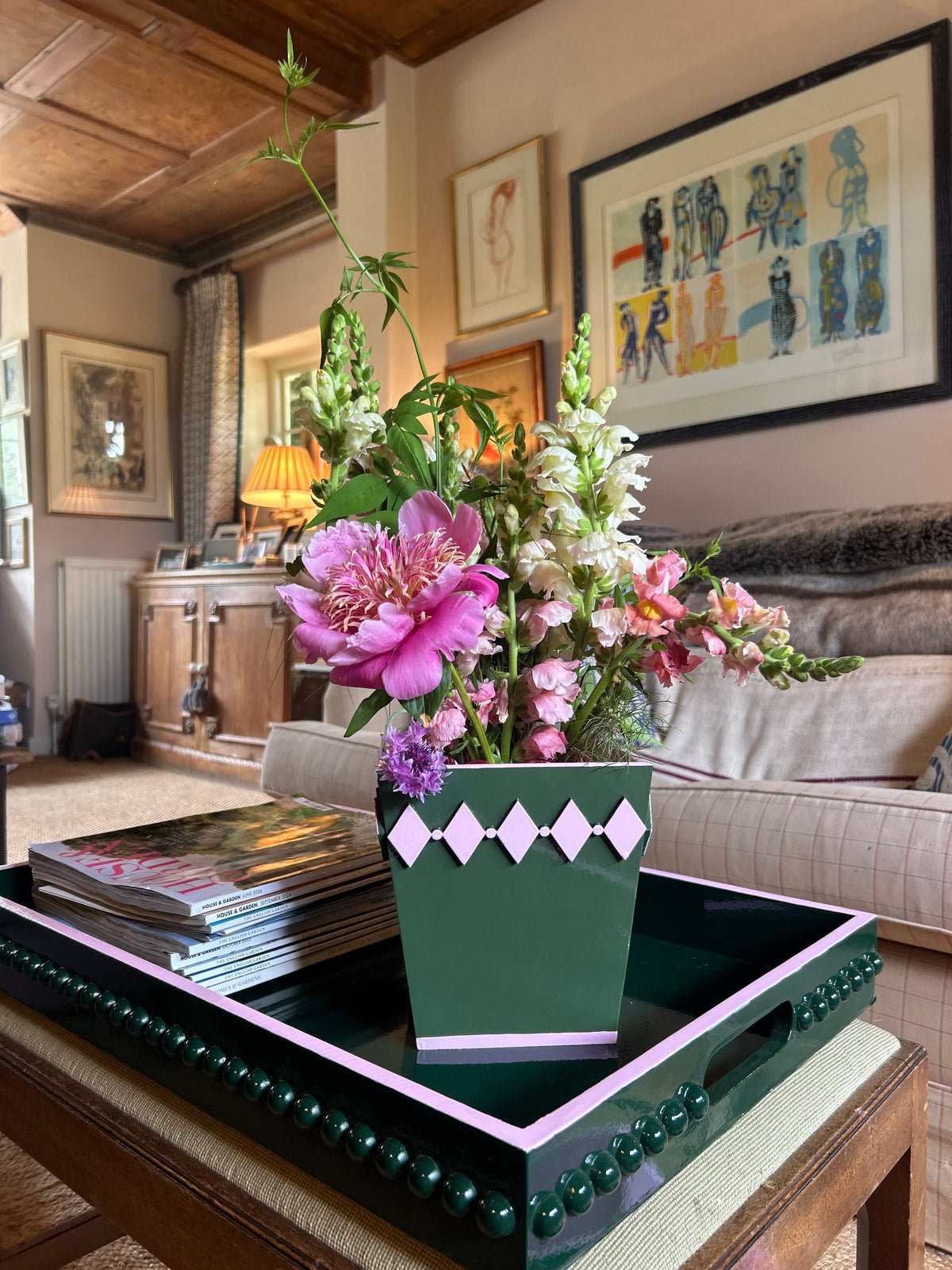 Dark Green Diamond Style Planter with Pink Edge