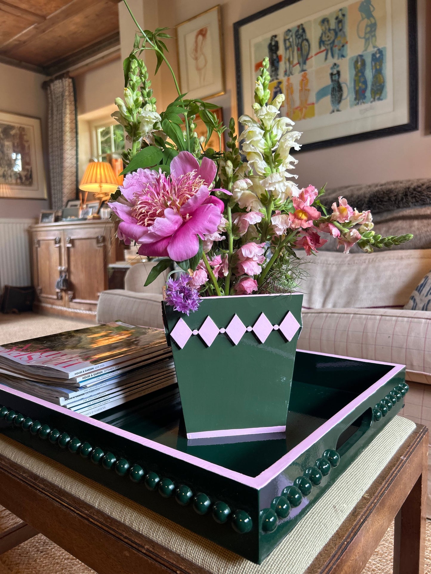 British Racing Green Bobbin Lacquer Tray with Blush Pink Edge