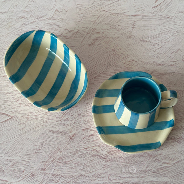 Ceramic Stripe Bowl, Aqua 7x5x2 Inches Set of 4 - Casa Amarosa
