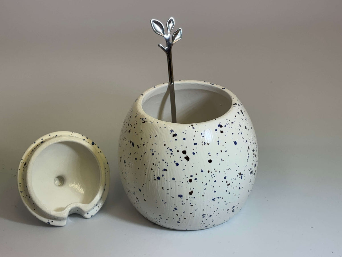 Sugar Bowl with Lid and Spoon in Speckled Blue Glaze