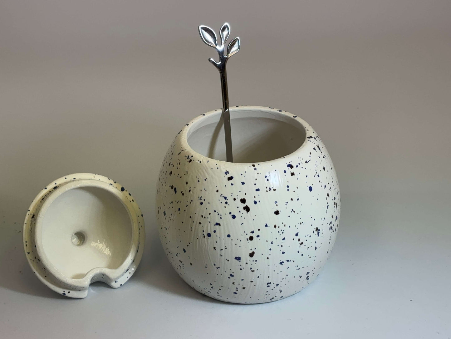 Sugar Bowl with Lid and Spoon in Speckled Blue Glaze