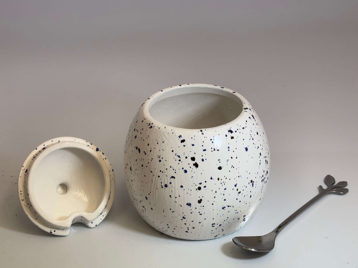Sugar Bowl with Lid and Spoon in Speckled Blue Glaze