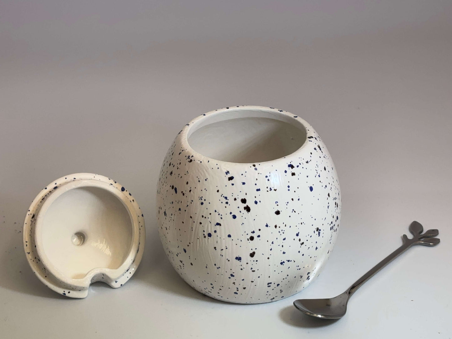 Sugar Bowl with Lid and Spoon in Speckled Blue Glaze