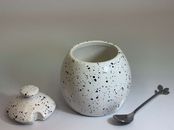 Sugar Bowl with Lid and Spoon in Speckled Blue Glaze