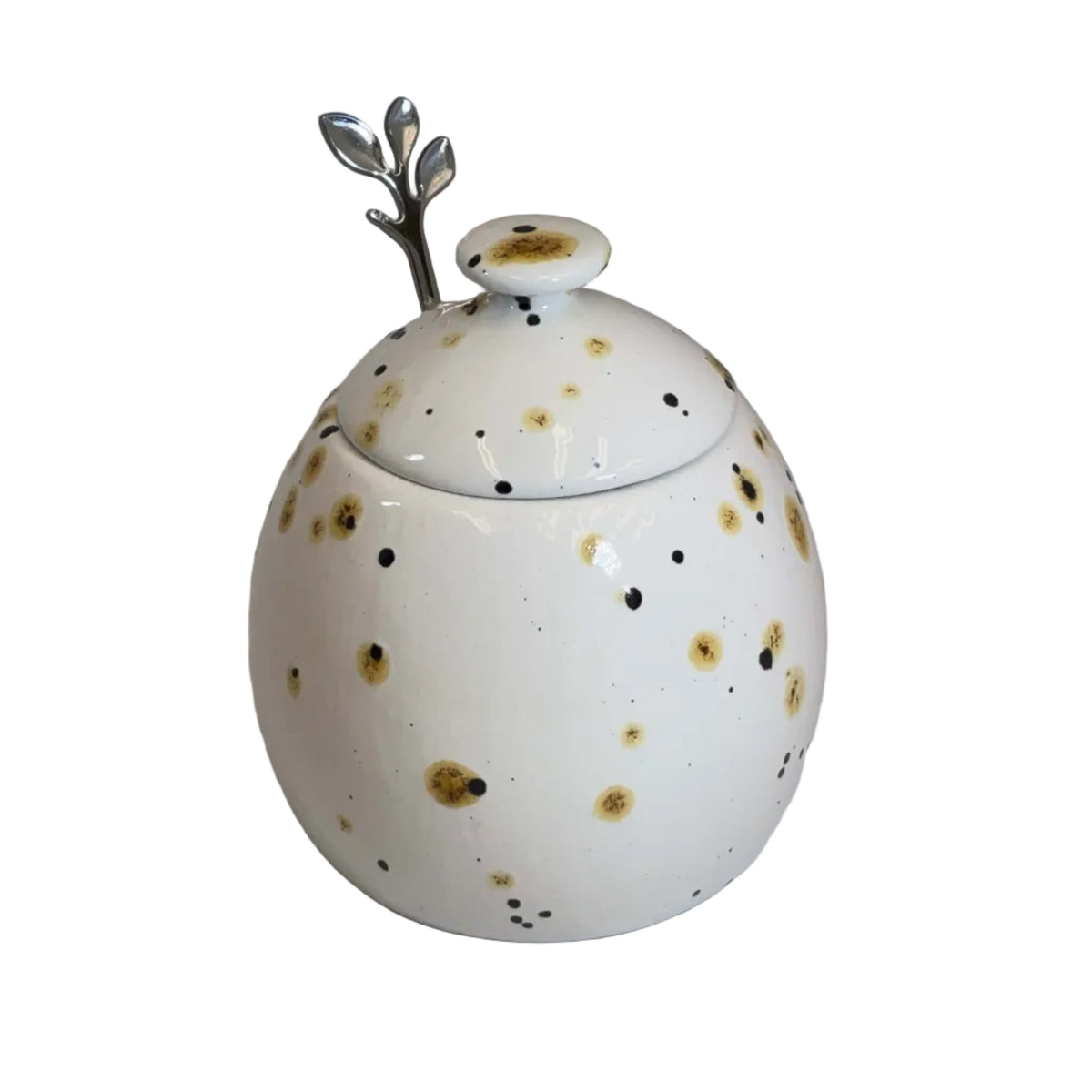 Sugar Bowl with Lid, Jam Pot, Leafy Spoon, Confetti Glaze