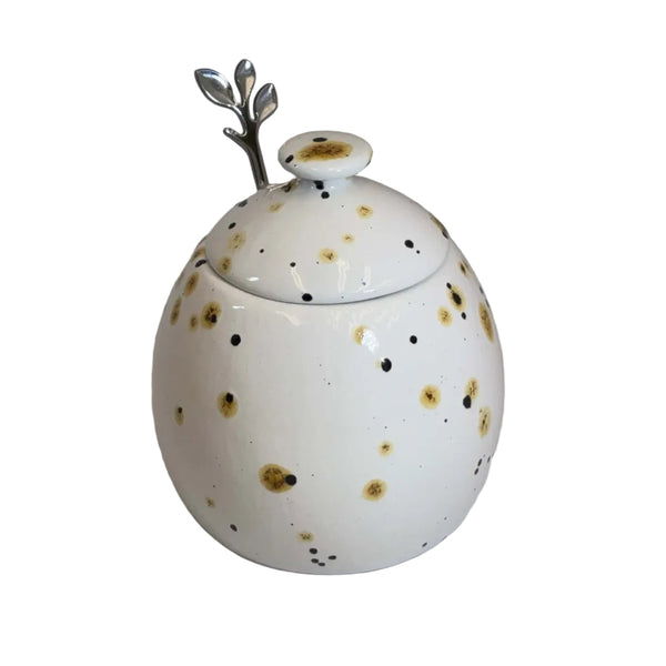 Sugar Bowl with Lid, Jam Pot, Leafy Spoon, Confetti Glaze