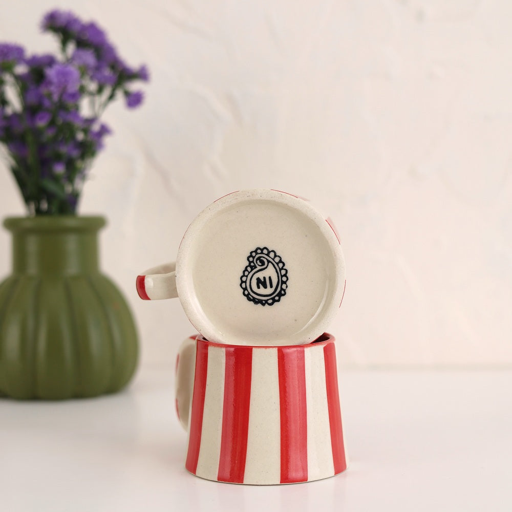 Ceramic Red Stripe Coffee Cup, 220ml Handmade Set of 4 - Casa Amarosa