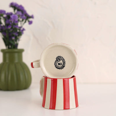 Ceramic Red Stripe Coffee Cup, 220ml Handmade Set of 4 - Casa Amarosa