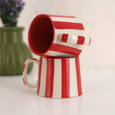Ceramic Red Stripe Coffee Cup, 220ml Handmade Set of 4 - Casa Amarosa