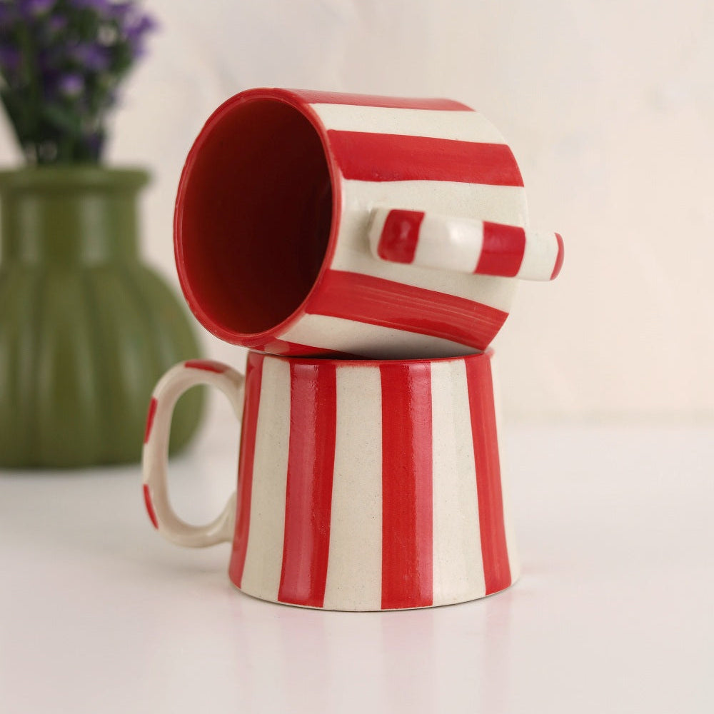 Ceramic Red Stripe Coffee Cup, 220ml Handmade Set of 4 - Casa Amarosa