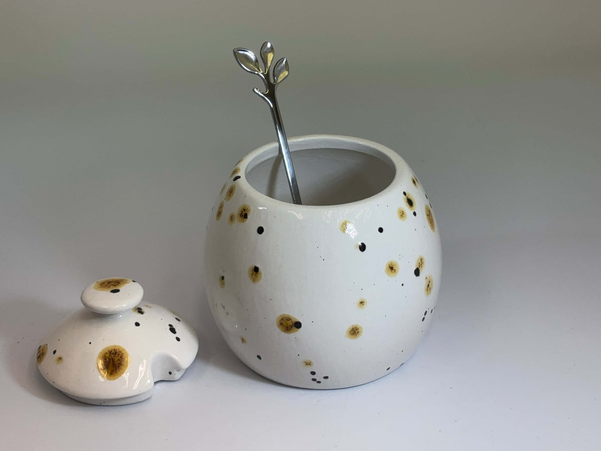 Sugar Bowl with Lid, Jam Pot, Leafy Spoon, Confetti Glaze