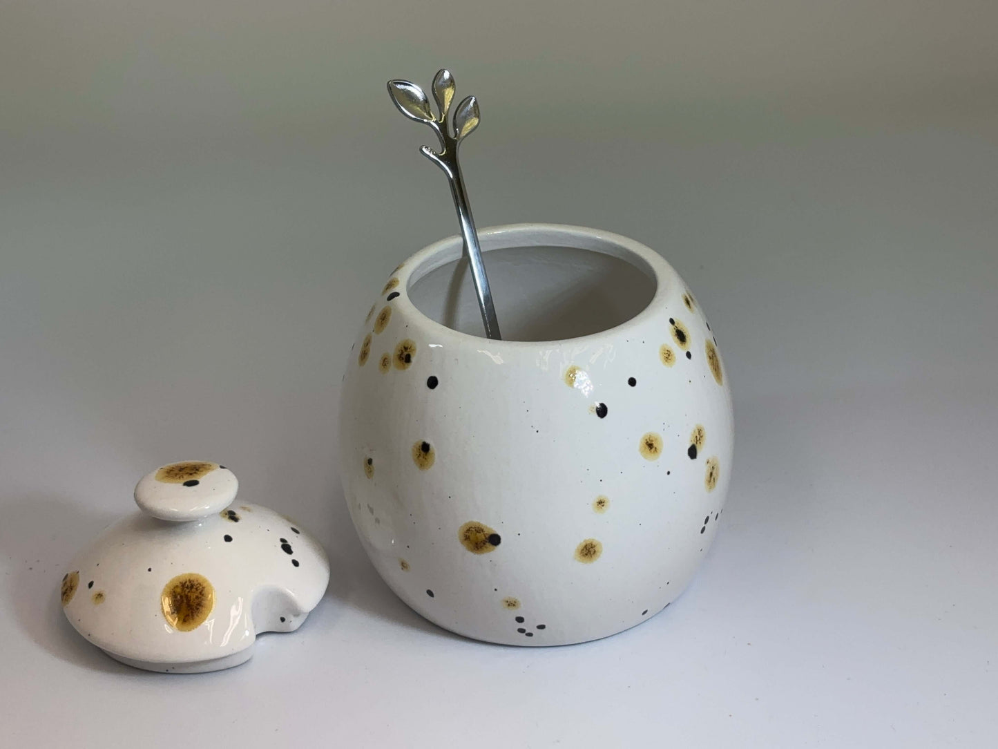 Sugar Bowl with Lid, Jam Pot, Leafy Spoon, Confetti Glaze