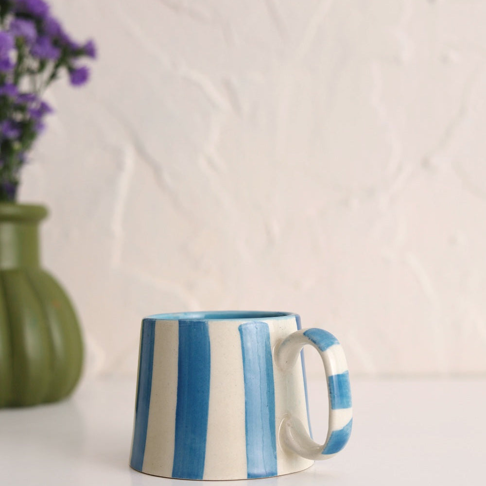 Ceramic Blue Stripe Coffee Cup, 220ml Handmade Set of 4 - Casa Amarosa