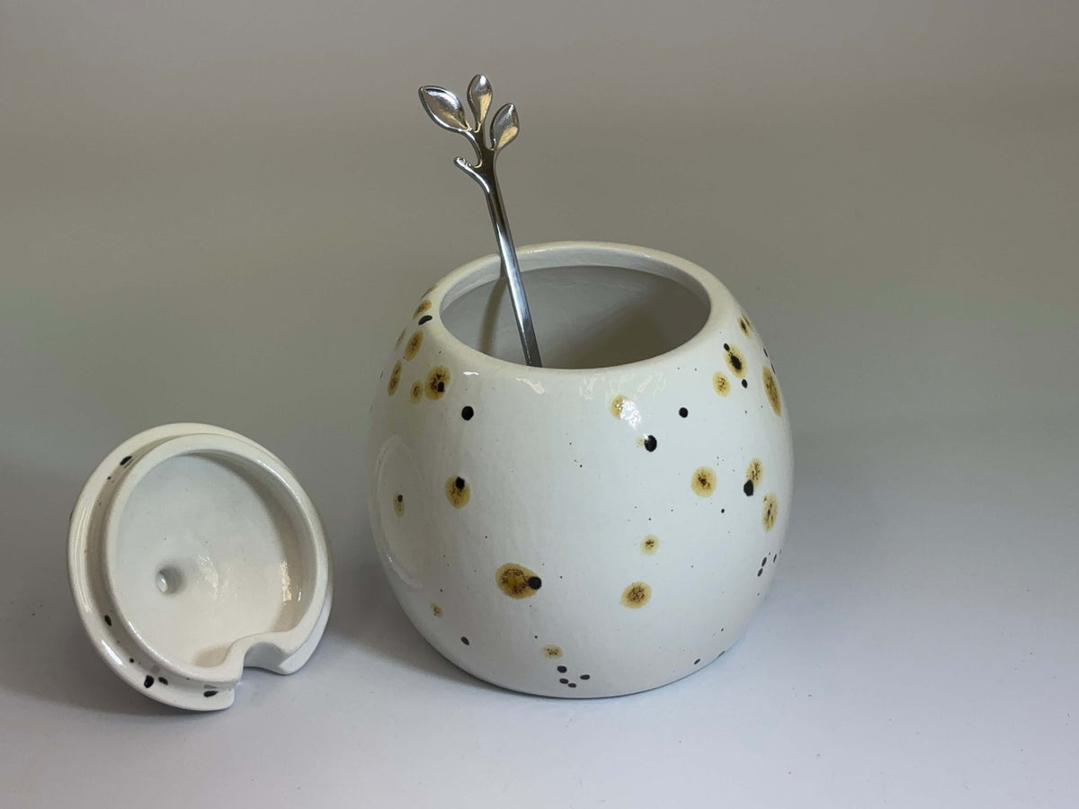 Sugar Bowl with Lid, Jam Pot, Leafy Spoon, Confetti Glaze