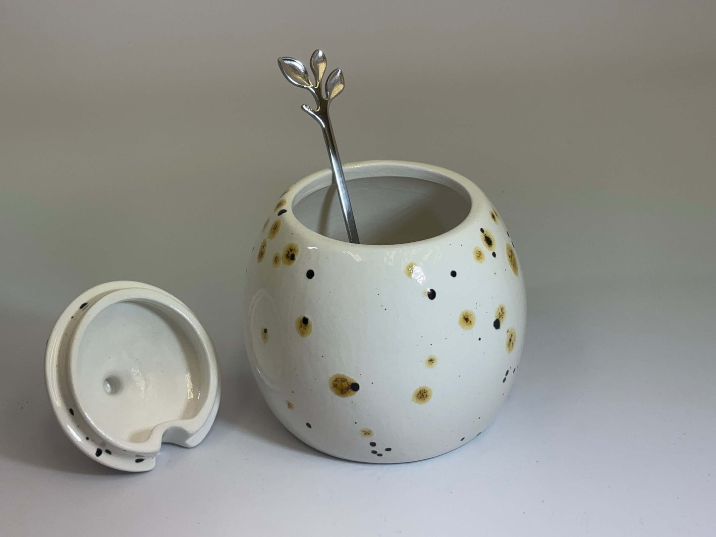 Sugar Bowl with Lid, Jam Pot, Leafy Spoon, Confetti Glaze