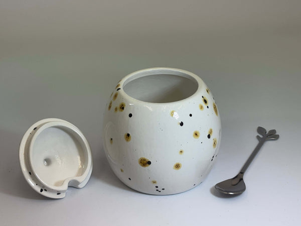 Sugar Bowl with Lid, Jam Pot, Leafy Spoon, Confetti Glaze