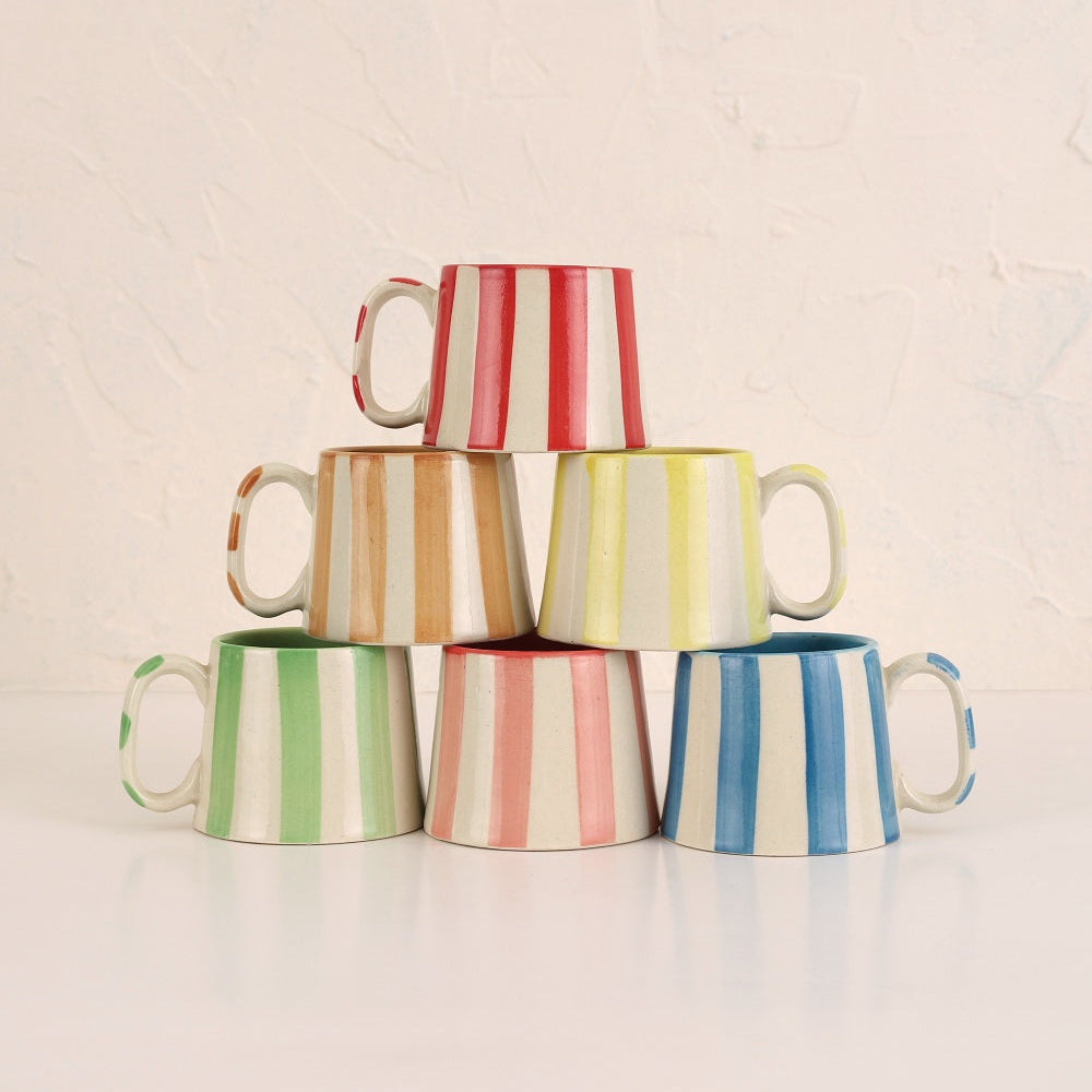 Ceramic Blue Stripe Coffee Cup, 220ml Handmade Set of 4 - Casa Amarosa