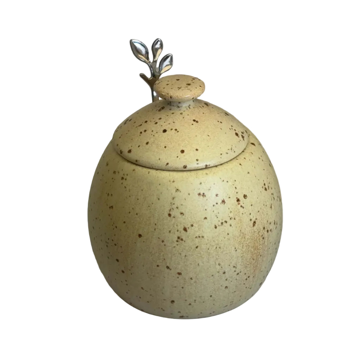 Sugar Bowl, Jam Pot, with Leafy Spoon Oatmeal Glaze