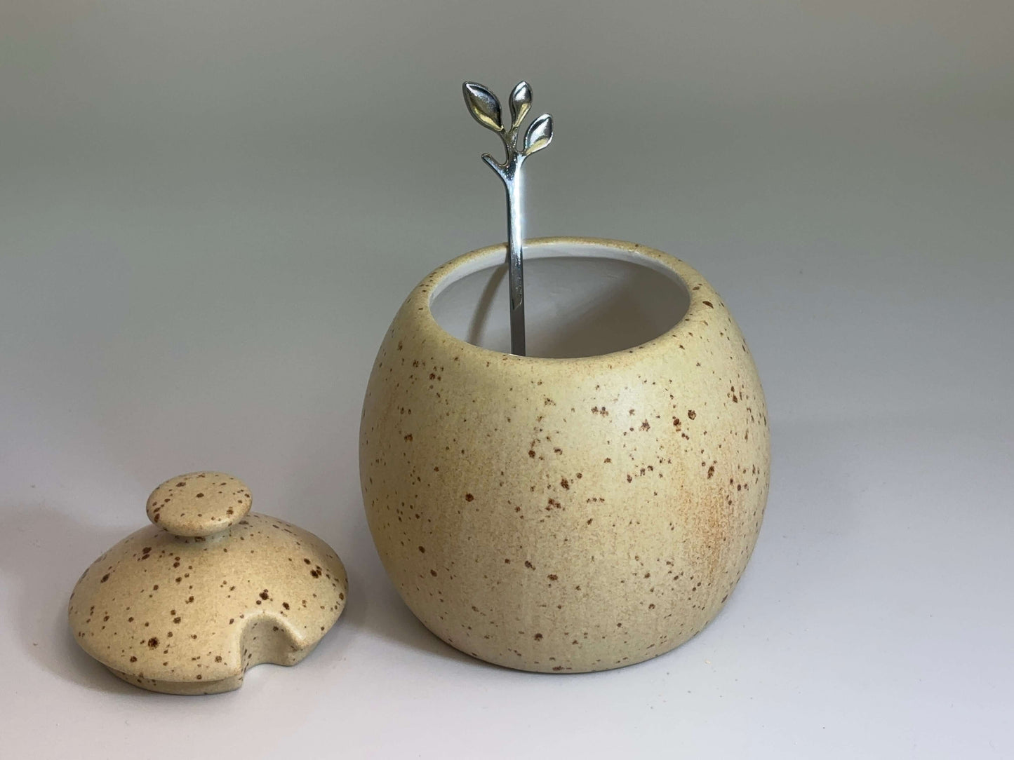 Sugar Bowl, Jam Pot, with Leafy Spoon Oatmeal Glaze
