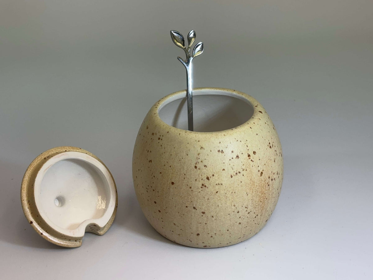 Sugar Bowl, Jam Pot, with Leafy Spoon Oatmeal Glaze