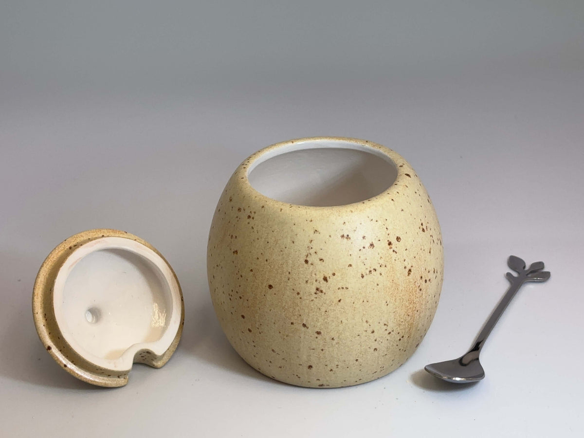 Sugar Bowl, Jam Pot, with Leafy Spoon Oatmeal Glaze