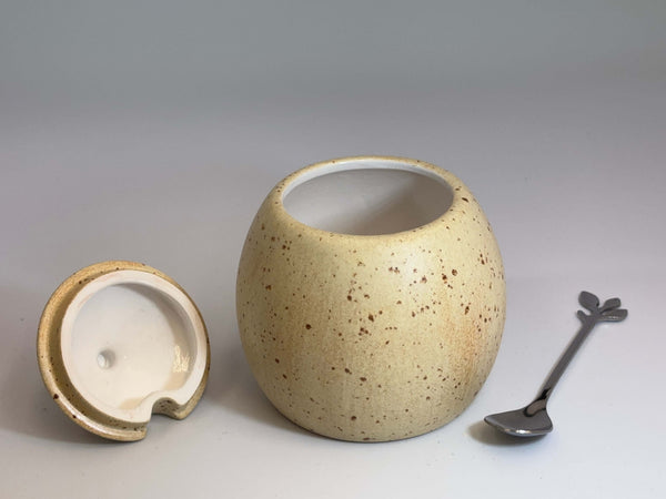 Sugar Bowl, Jam Pot, with Leafy Spoon Oatmeal Glaze