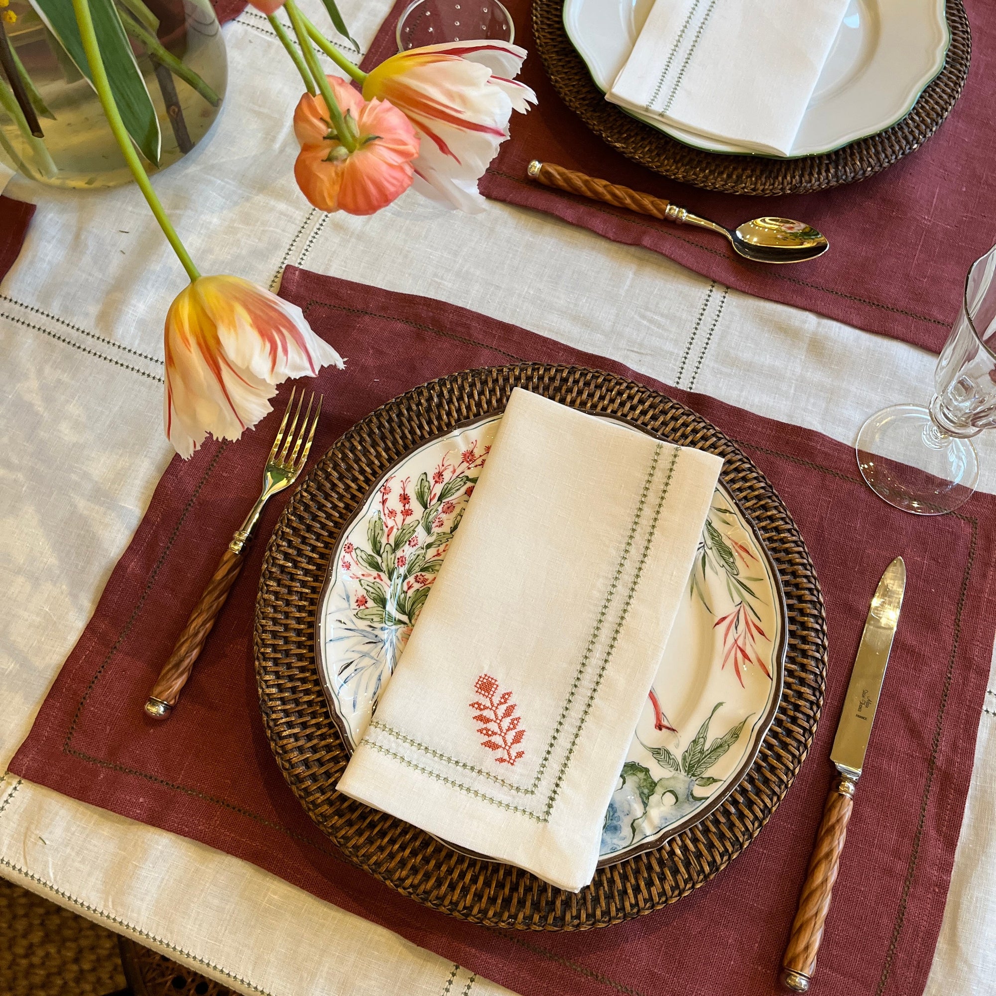 Set of Botanical Green Double Hemstitch Edge Napkins with Ludmila Floral Embroidery