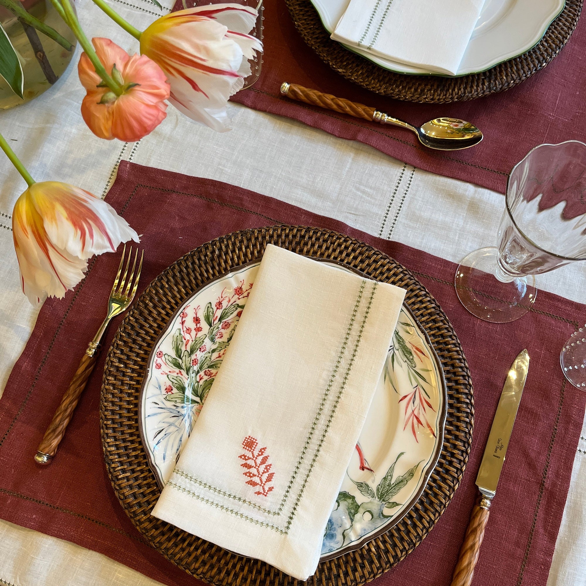 Set of Botanical Green Double Hemstitch Edge Napkins with Ludmila Floral Embroidery