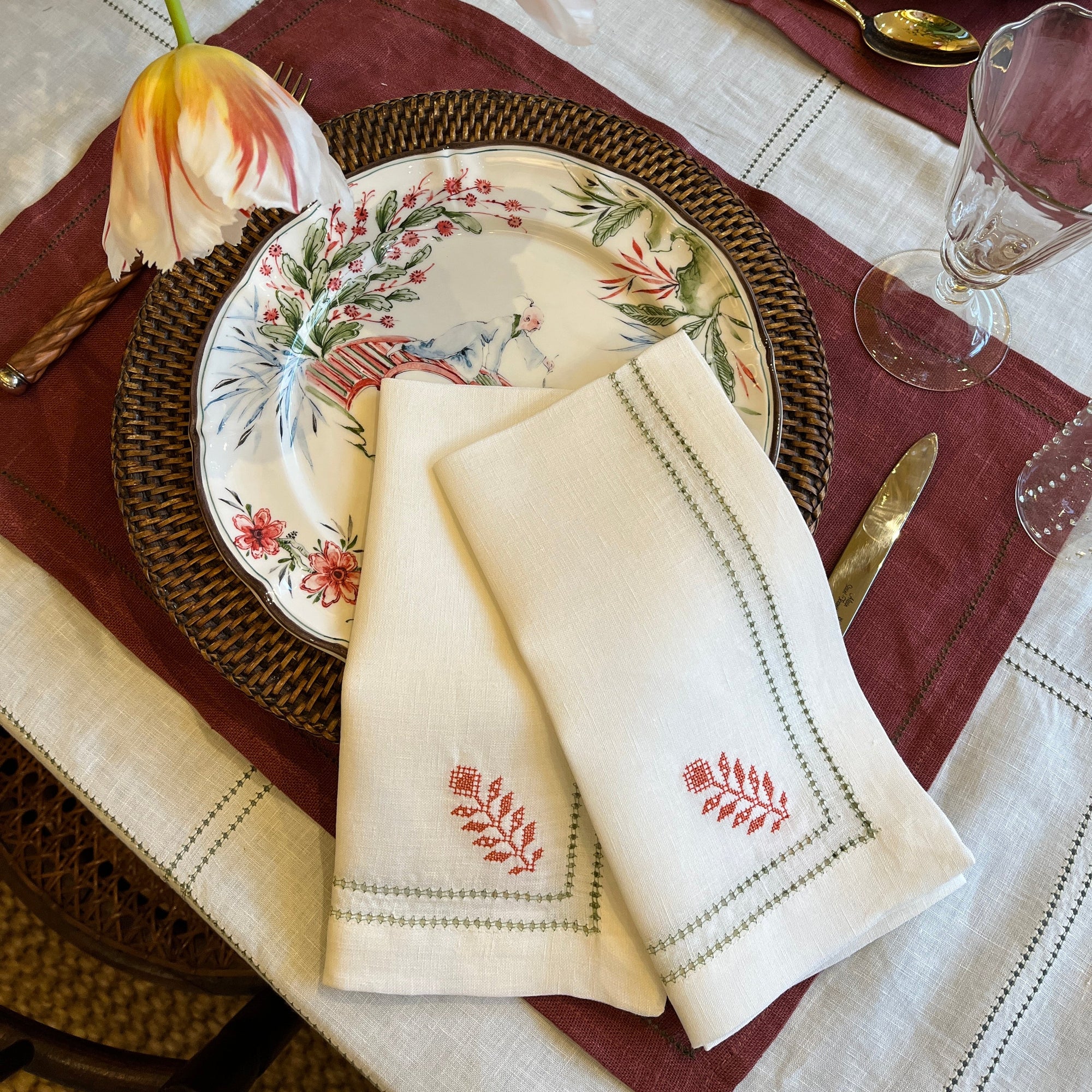 Set of Botanical Green Double Hemstitch Edge Napkins with Ludmila Floral Embroidery