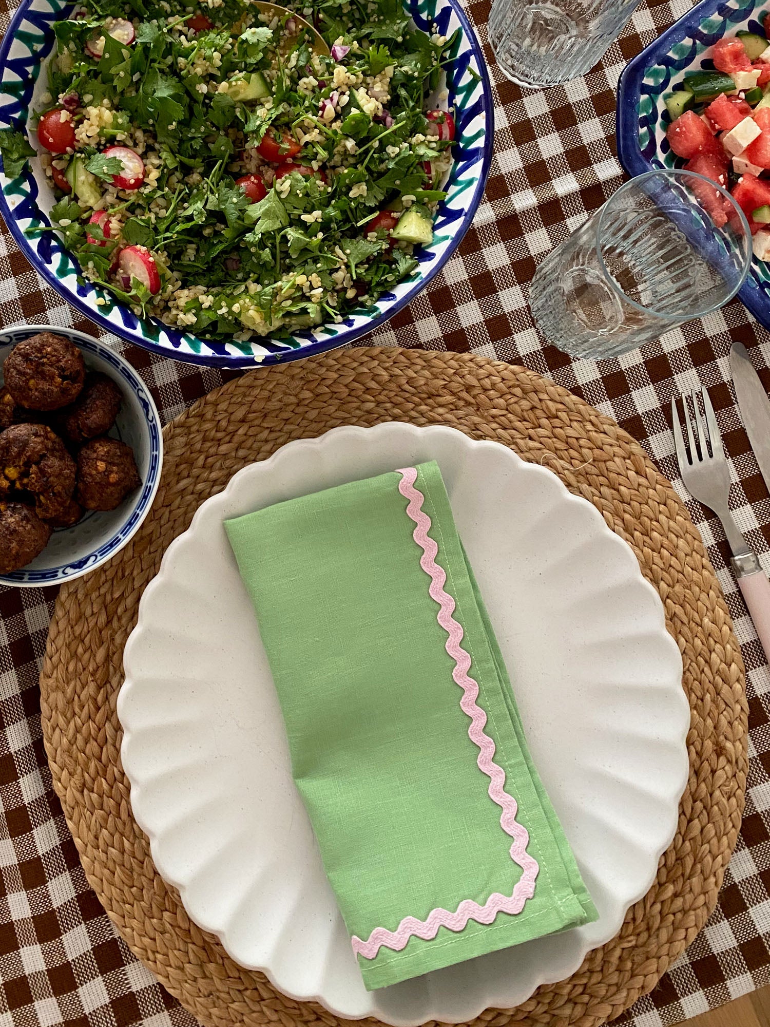 Green & Pink Ric-rac Napkin Set Of 2